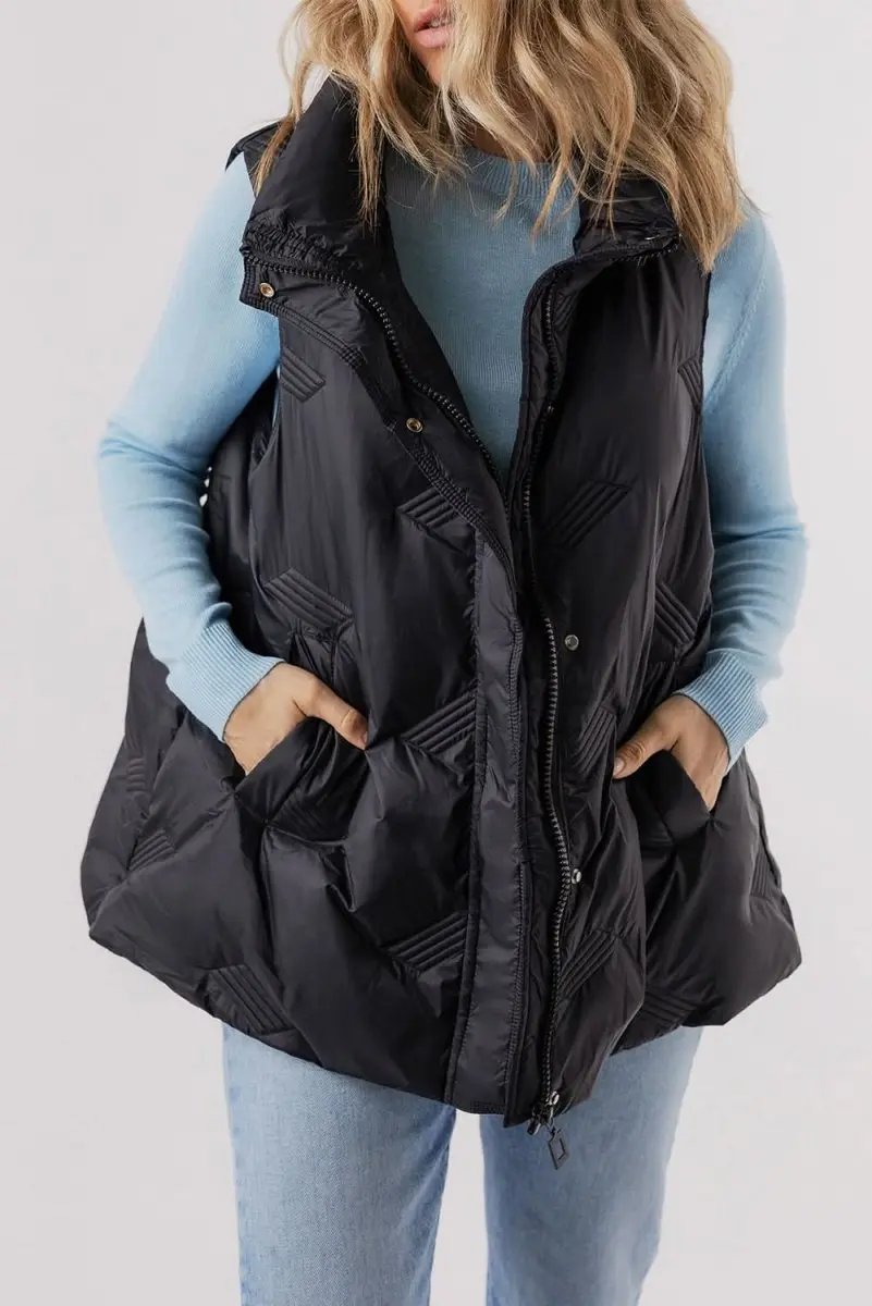 Black Quilted High Neck Zip Up Jacket Vest - Love Salve